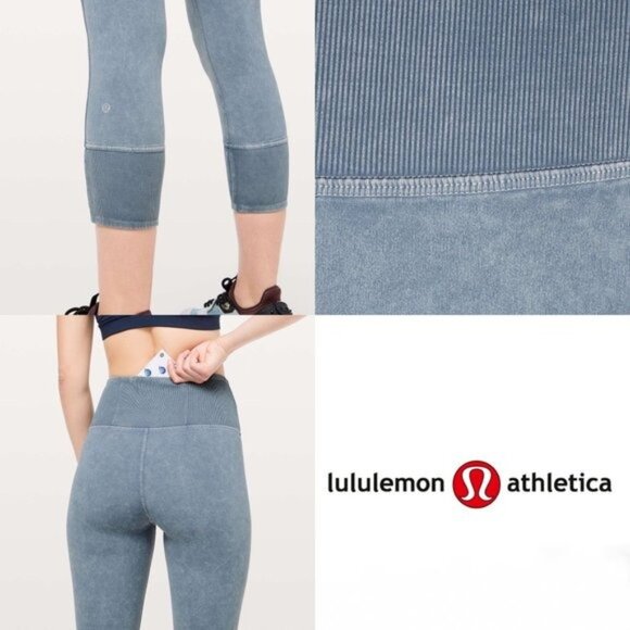 Lululemon Wunder Under Crop 23" Ribbed Leggings Pants Size 2 Washed Moon Blue - Picture 2 of 8